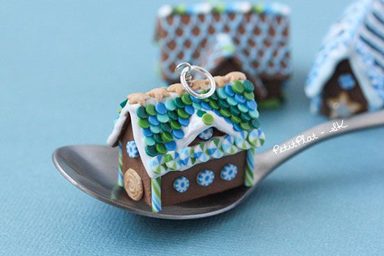 Miniature Gingerbread House Pendant Blue and Green